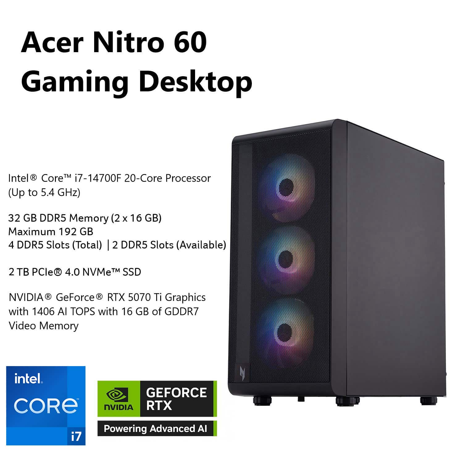 Acer - Nitro 60 N60-641-UB22 Gaming Desktop - Intel Core i7-14700F - 32GB DDR5 Memory - NVIDIA GeForce RTX 5070 Ti - 2TB SSD - Black