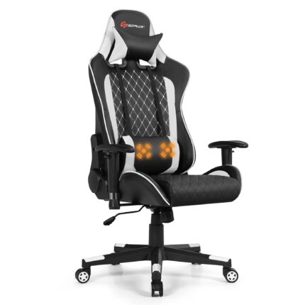 Costway - Gaming Chair Massage Reclining Racing Chair w/Lumbar Support and Headrest White - White + Black