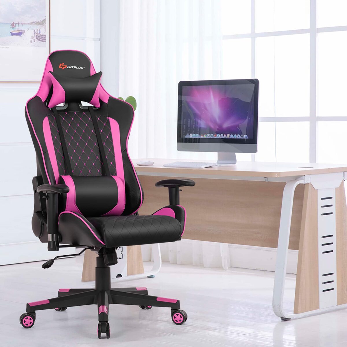 Costway - Gaming Chair Reclining Racing Chair w/Lumbar Support and Headrest Pink - Pink + Black