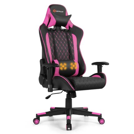 Costway - Gaming Chair Reclining Racing Chair w/Lumbar Support and Headrest Pink - Pink + Black