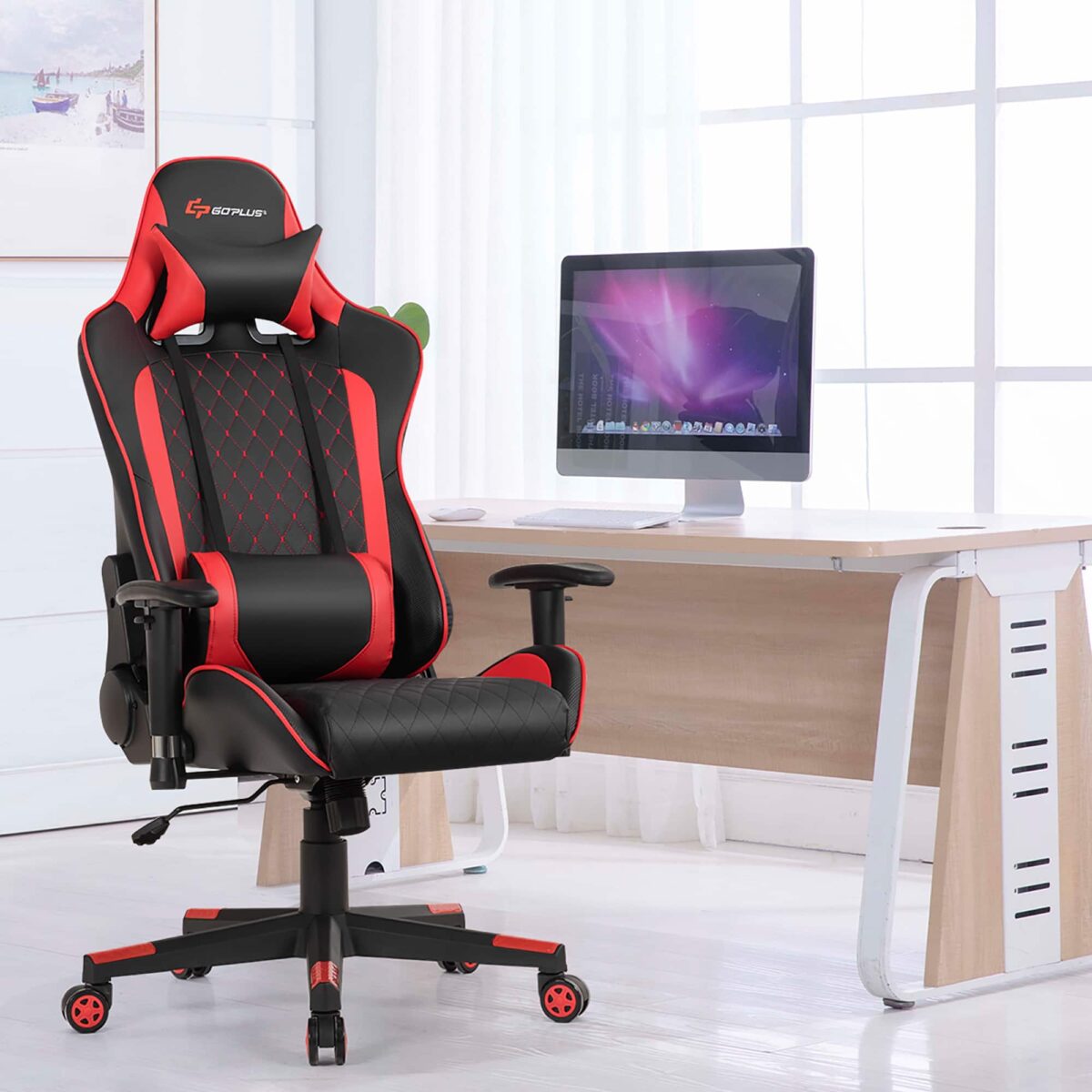 Costway - Gaming Chair Reclining Racing Chair w/Lumbar Support and Headrest Red - Red + Black