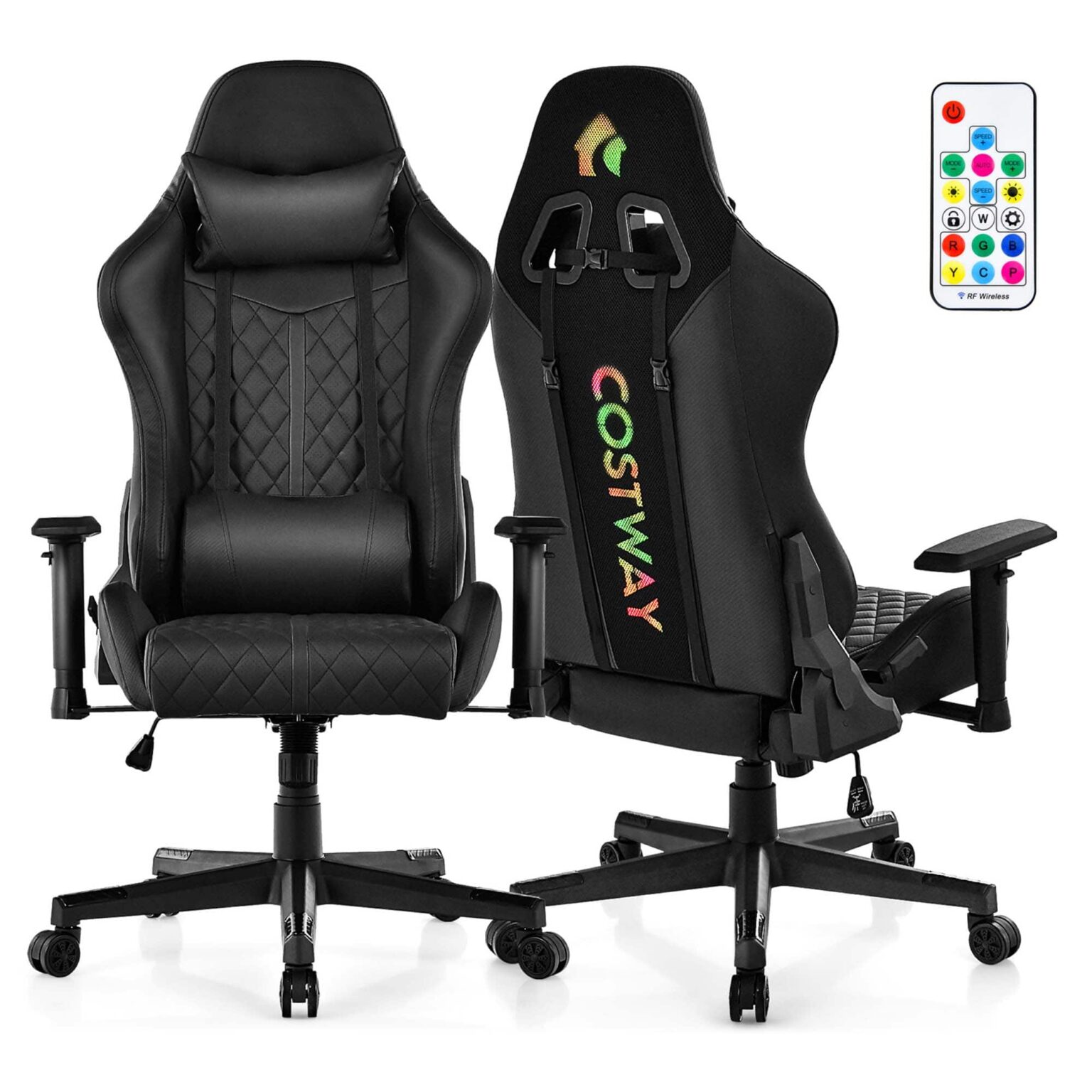 Costway - Gaming Chair with RGB LED Lights Racing Game Chair with Meta Base & Class-4 Gas Lift - Black