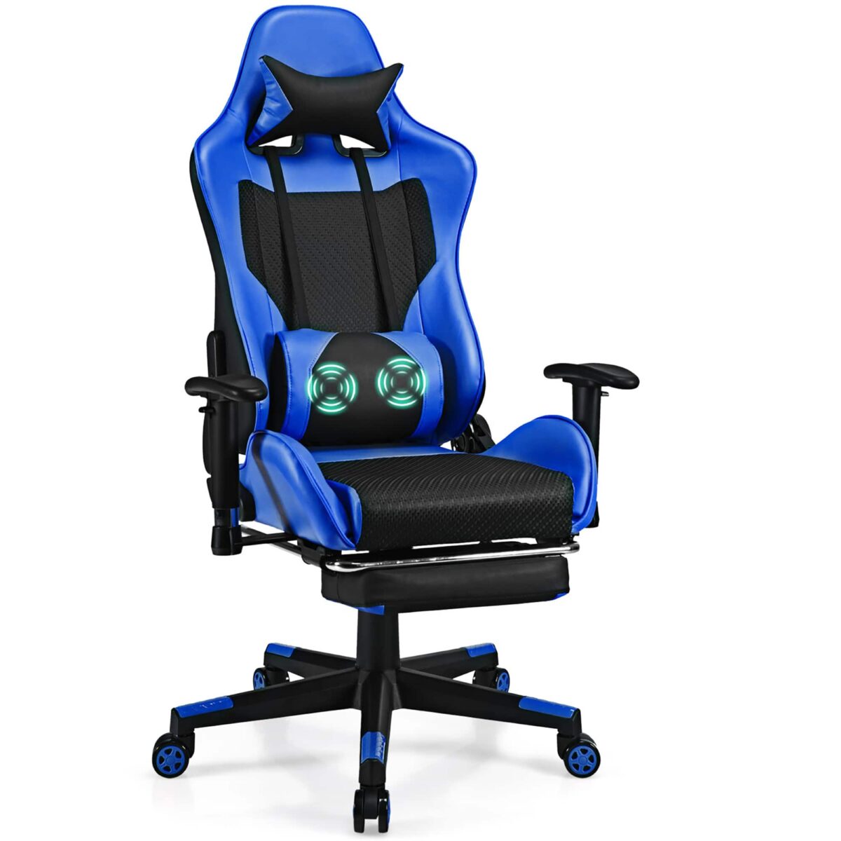 Costway - Massage Gaming Chair Reclining Racing Office Computer Chair with Footrest Blue - Blue + Black