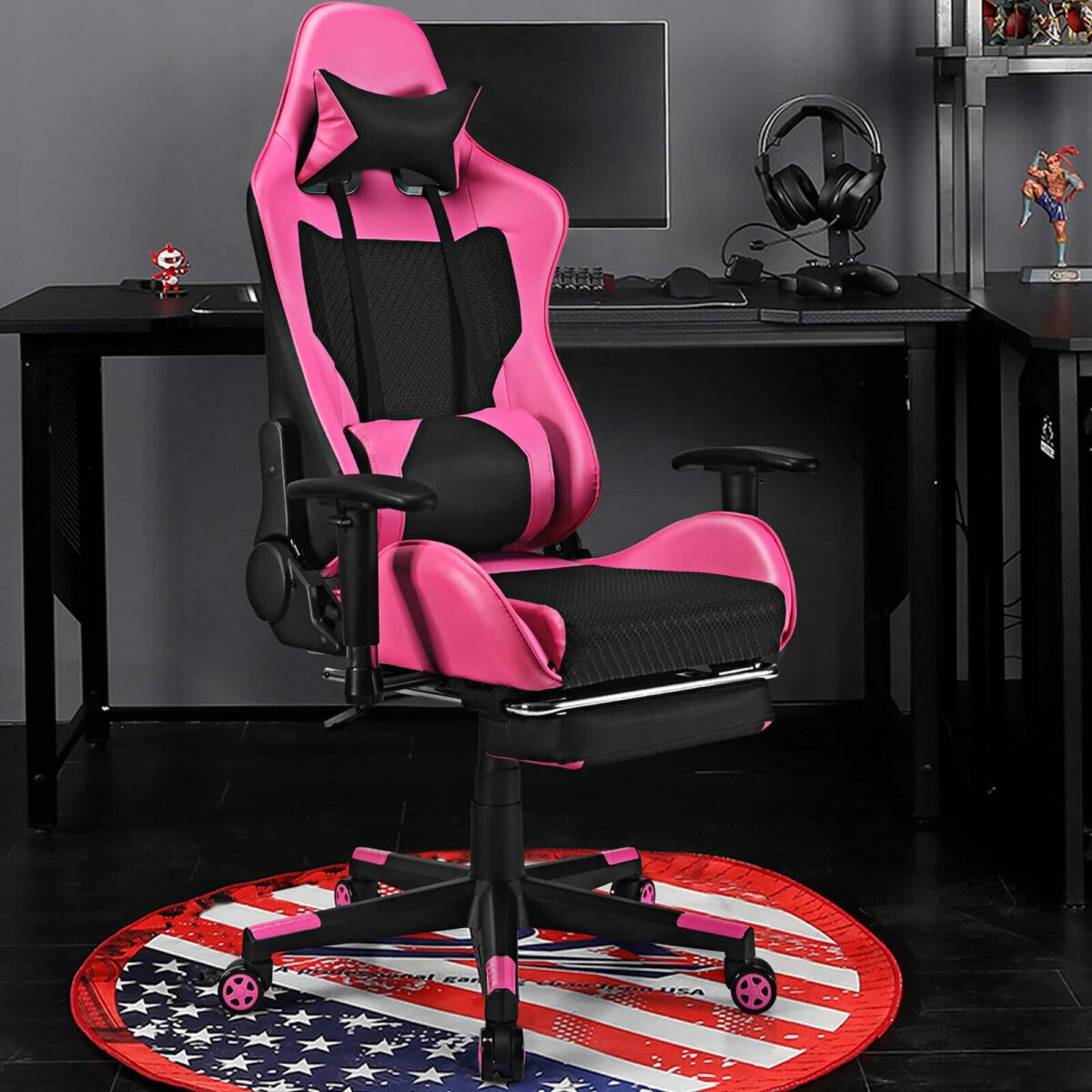 Costway - Massage Gaming Chair Reclining Racing Office Computer Chair with Footrest Pink - Pink + Black