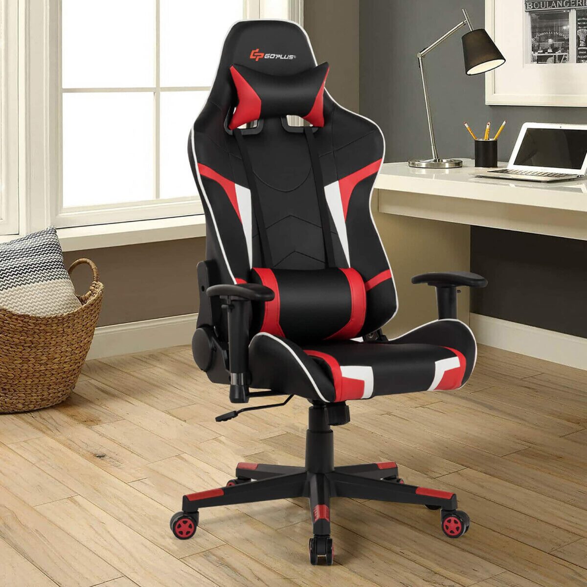 Costway - Massage Gaming Chair Reclining Swivel Racing Office Chair w/Lumbar Support Red - Red + Black