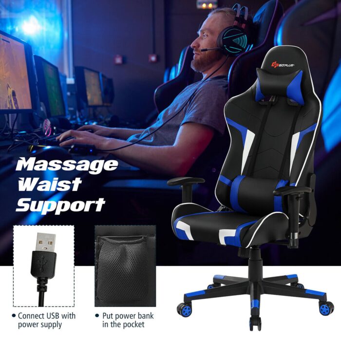 Costway - Massage Gaming Chair Reclining Swivel Racing Office Chair w/Lumbar Support Blue - Blue + Black