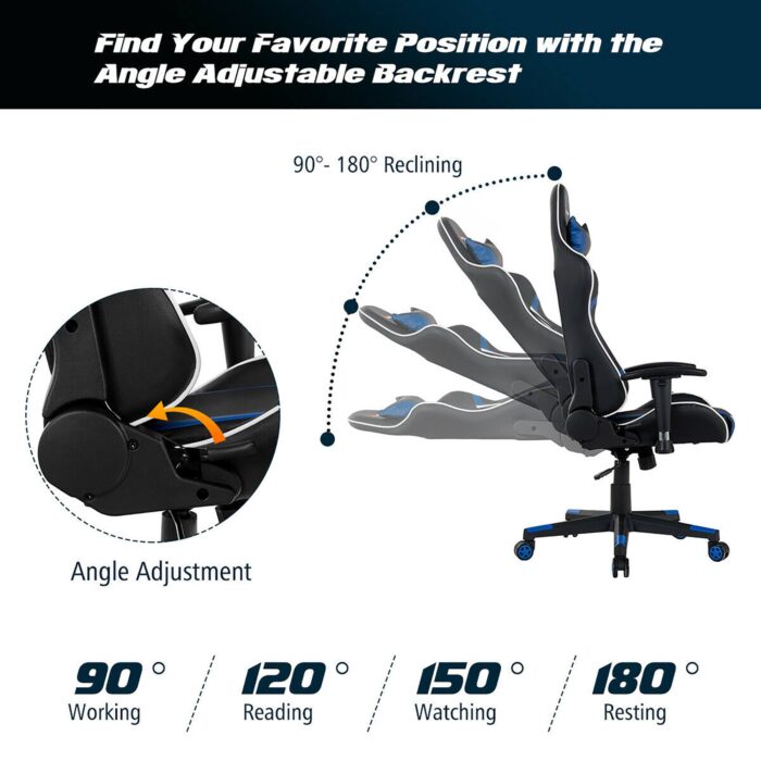 Costway - Massage Gaming Chair Reclining Swivel Racing Office Chair w/Lumbar Support Blue - Blue + Black