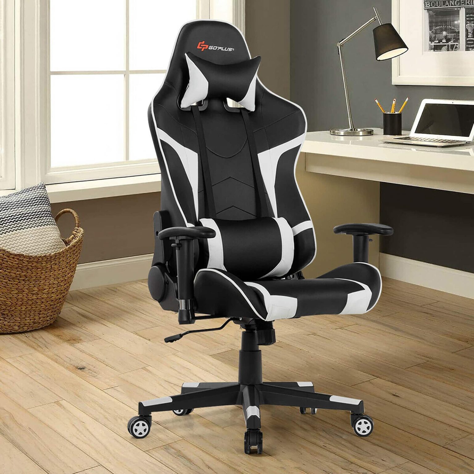 Costway - Massage Gaming Chair Reclining Swivel Racing Office Chair w/Lumbar Support White - White + Black