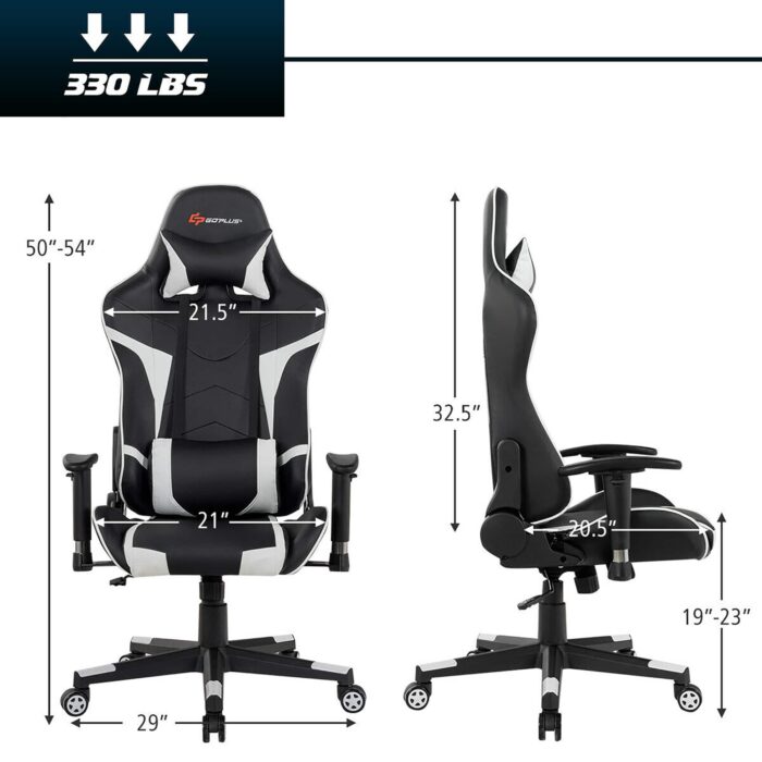 Costway - Massage Gaming Chair Reclining Swivel Racing Office Chair w/Lumbar Support White - White + Black