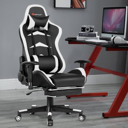 Costway - Massage Gaming Chair Reclining Swivel Racing Office Chair with Footrest White - White + Black