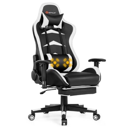 Costway - Massage Gaming Chair Reclining Swivel Racing Office Chair with Footrest White - White + Black