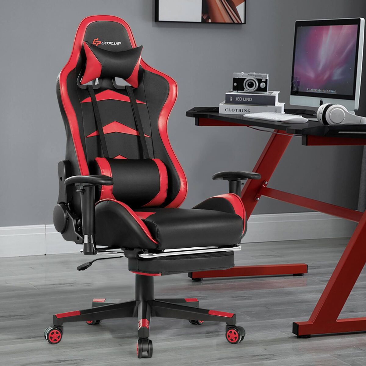 Costway - Massage Gaming Chair Reclining Swivel Racing Office Chair with Footrest Red - Red + Black