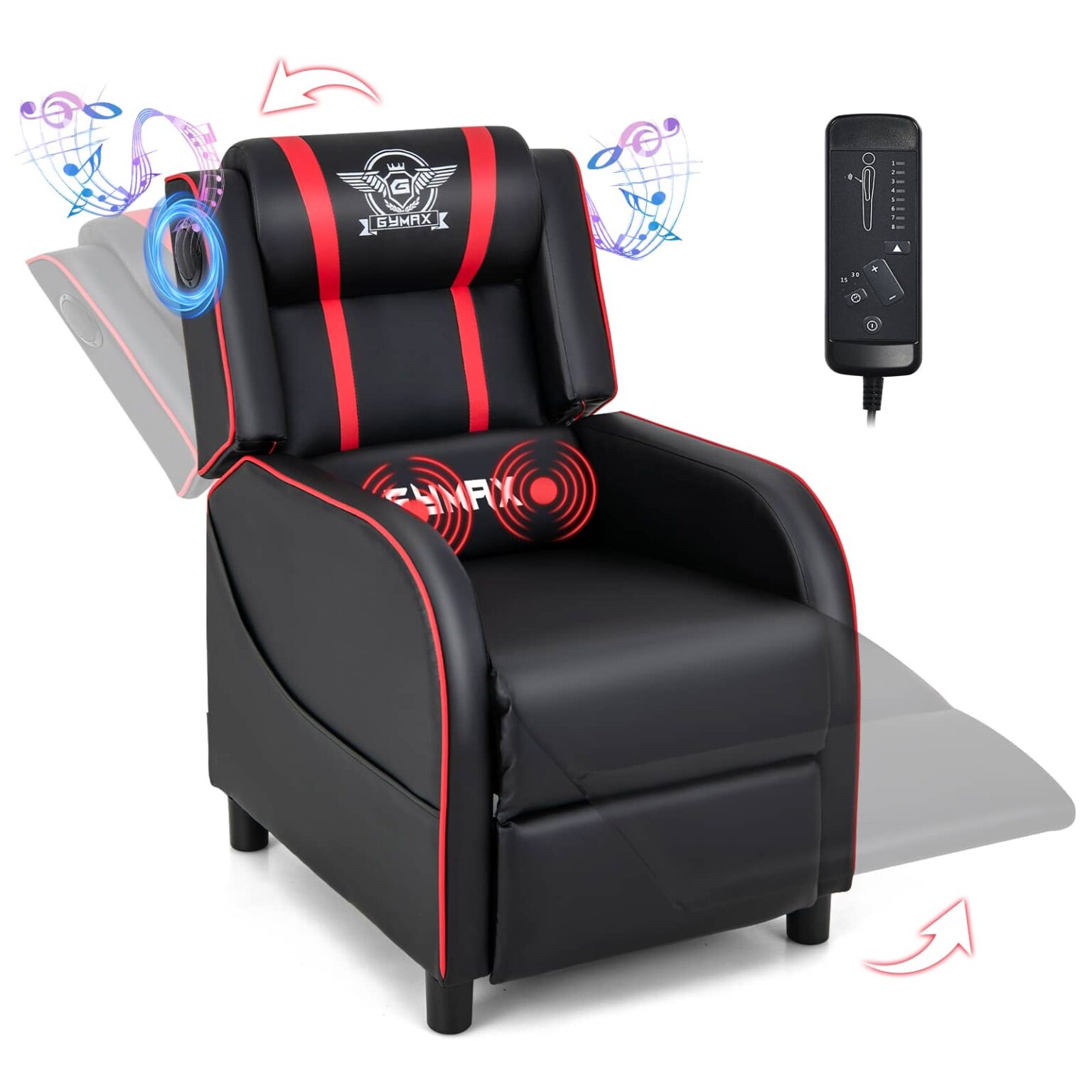 Costway - Massage Gaming Recliner Chair PU Leather Single Recliner Sofa Chair Red - Red and Black