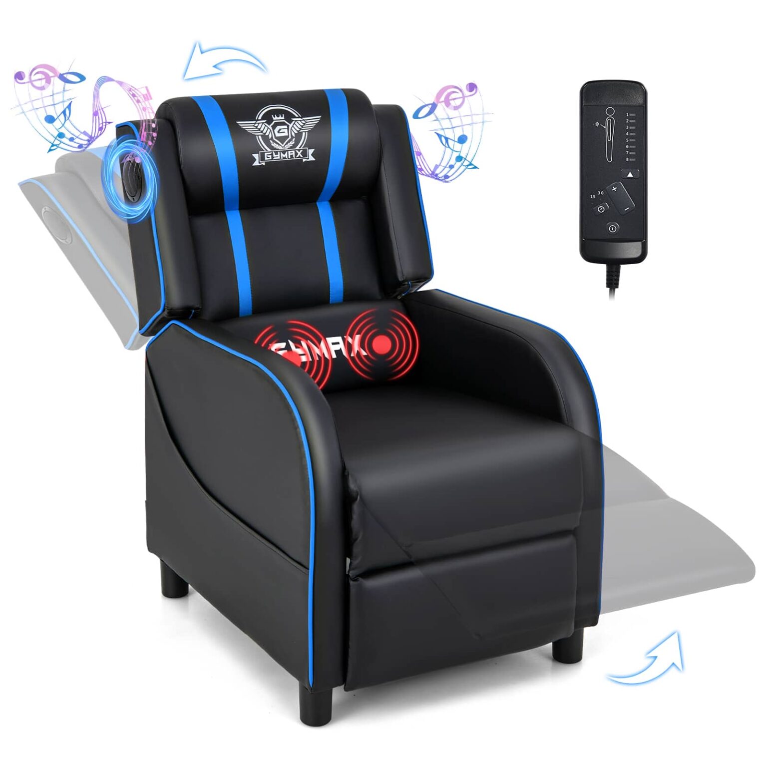 Costway - Massage Gaming Recliner Chair PU Leather Single Recliner Sofa Chair Blue - Blue and Black