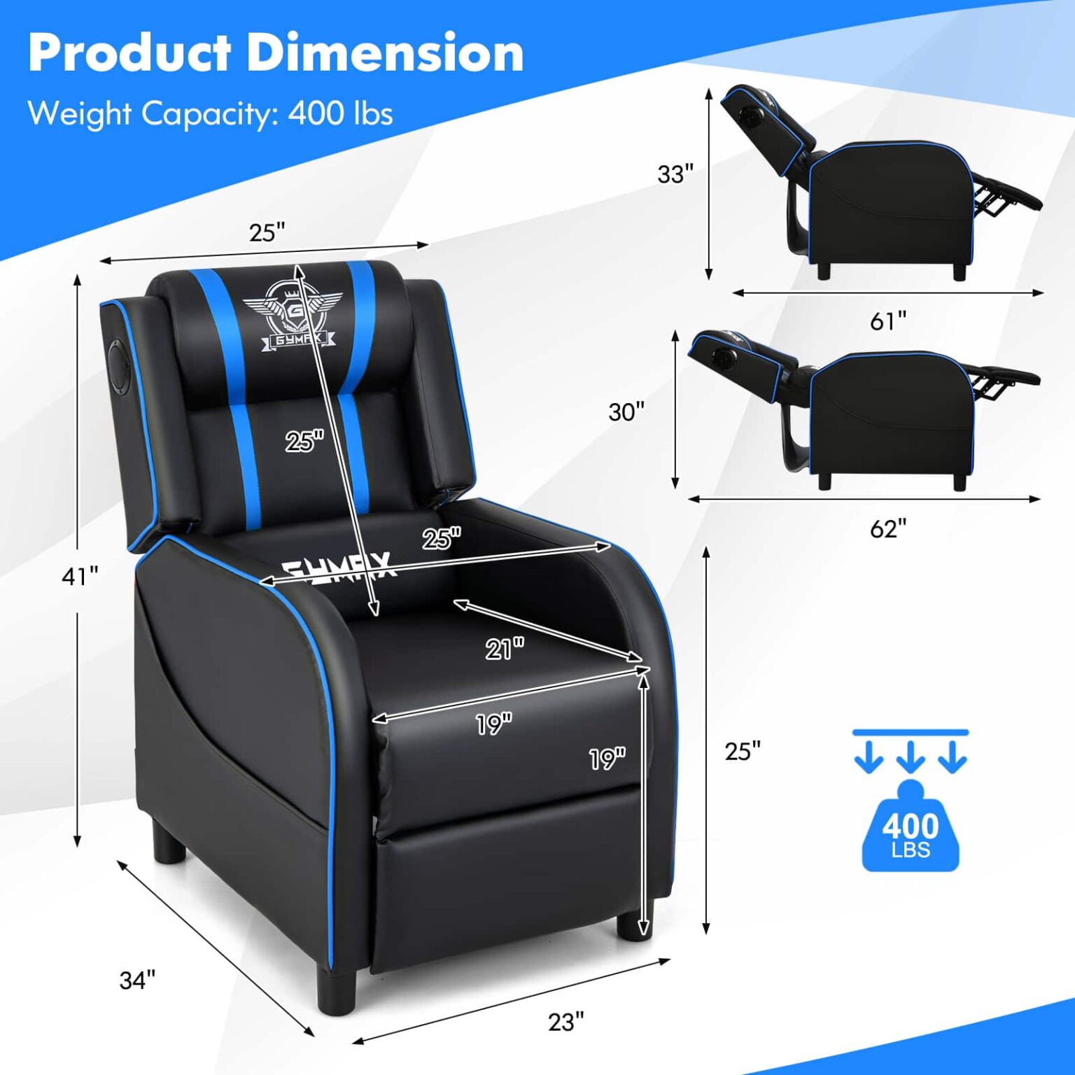 Costway - Massage Gaming Recliner Chair PU Leather Single Recliner Sofa Chair Blue - Blue and Black