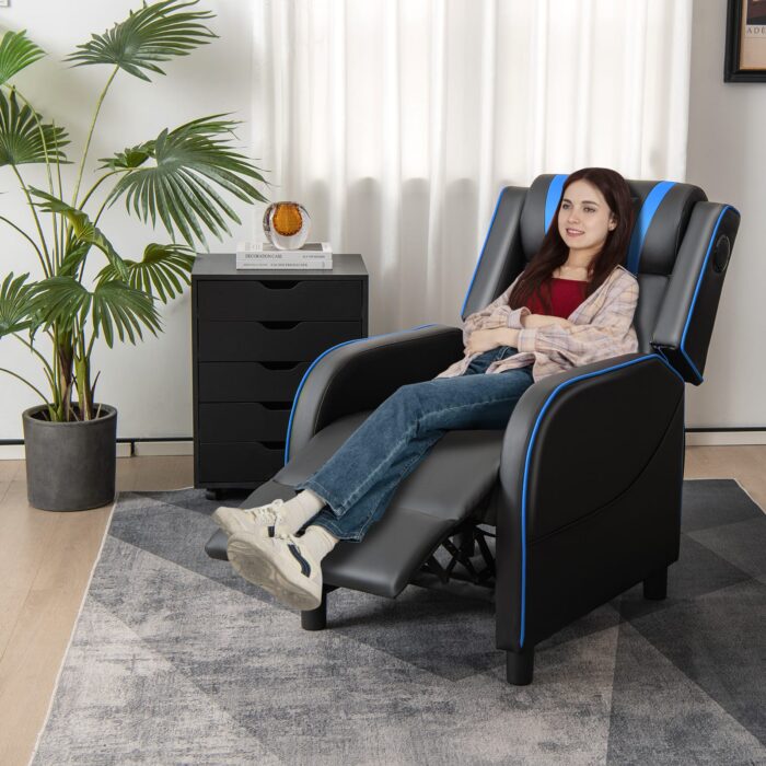 Costway - Massage Gaming Recliner Chair PU Leather Single Recliner Sofa Chair Blue - Blue and Black