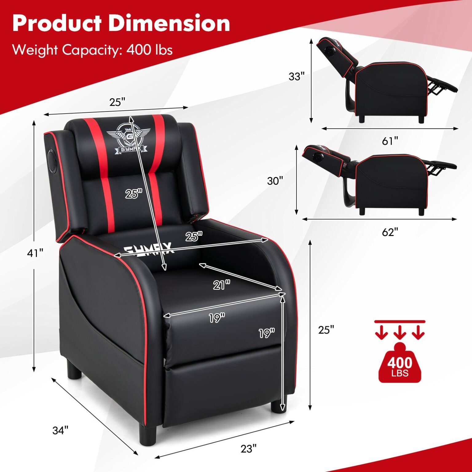 Costway - Massage Gaming Recliner Chair PU Leather Single Recliner Sofa Chair Red - Red and Black