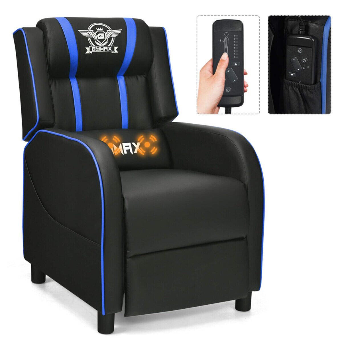 Costway - Massage Gaming Recliner Chair Racing Single Lounge Sofa Home Theater Seat Blue - Blue + Black