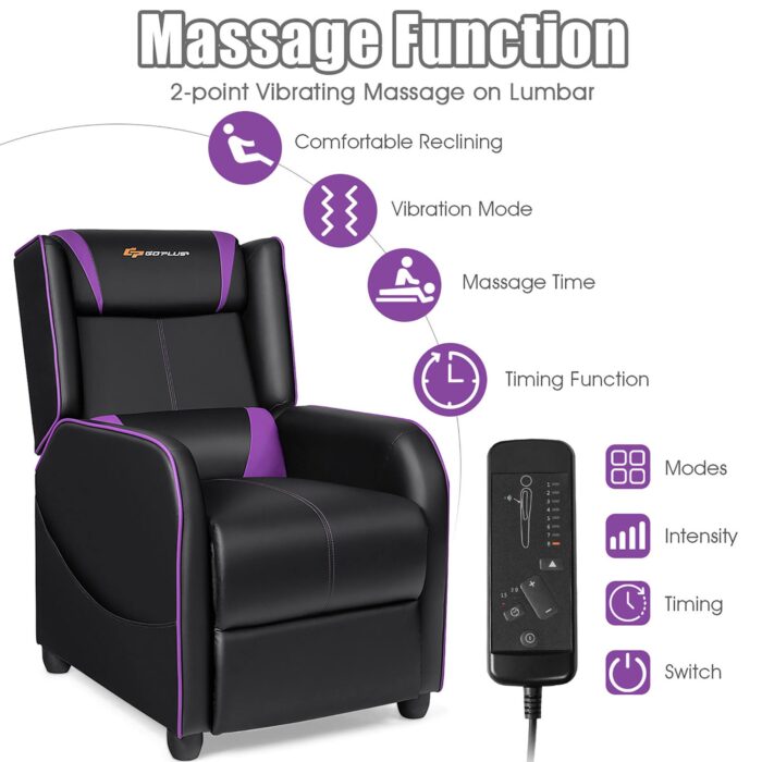 Costway - Massage Gaming Recliner Chair Single Living Room Sofa Home Theater Seat Purple - Purple + Black