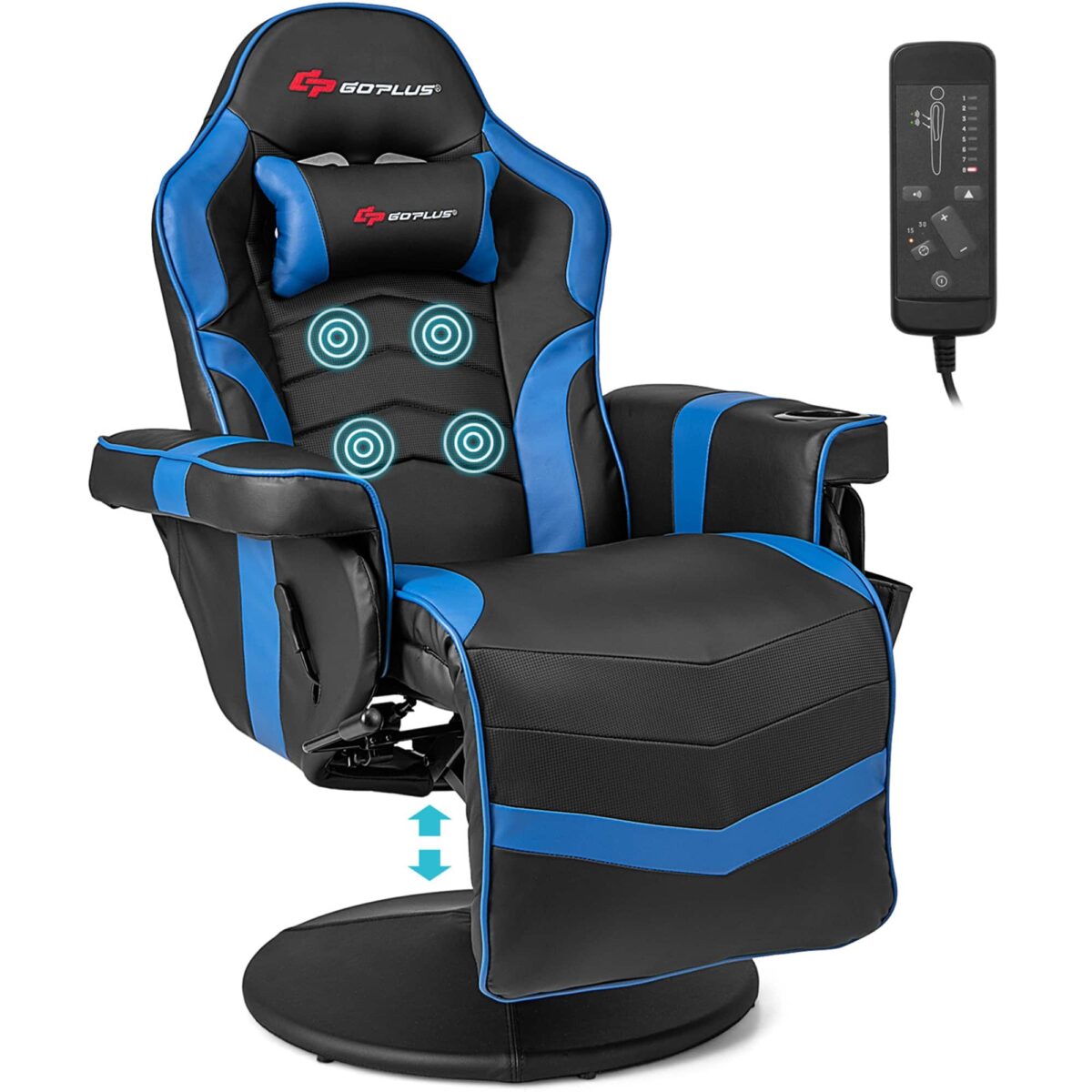 Costway - Massage Gaming Recliner Height Adjustable Racing Swivel Chair with Cup Holder Blue - Blue + Black