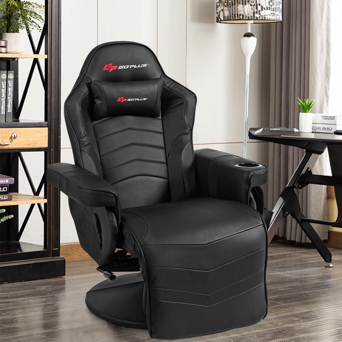 Costway - Massage Gaming Recliner Reclining Racing Chair Swivel - Black