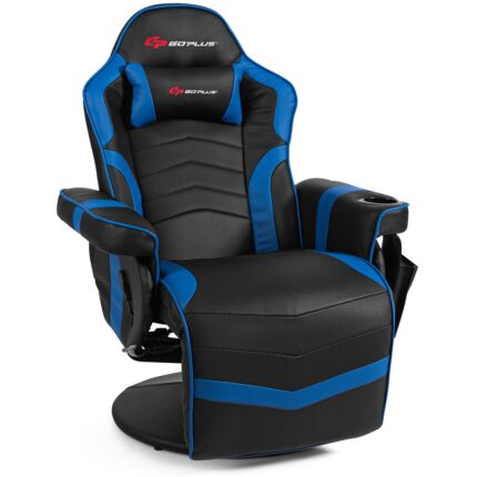 Costway - Massage Gaming Recliner Reclining Racing Chair Swivel Blue - Blue + Black