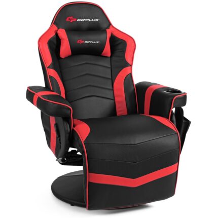 Costway - Massage Gaming Recliner Reclining Racing Chair Swivel Red - Red + Black