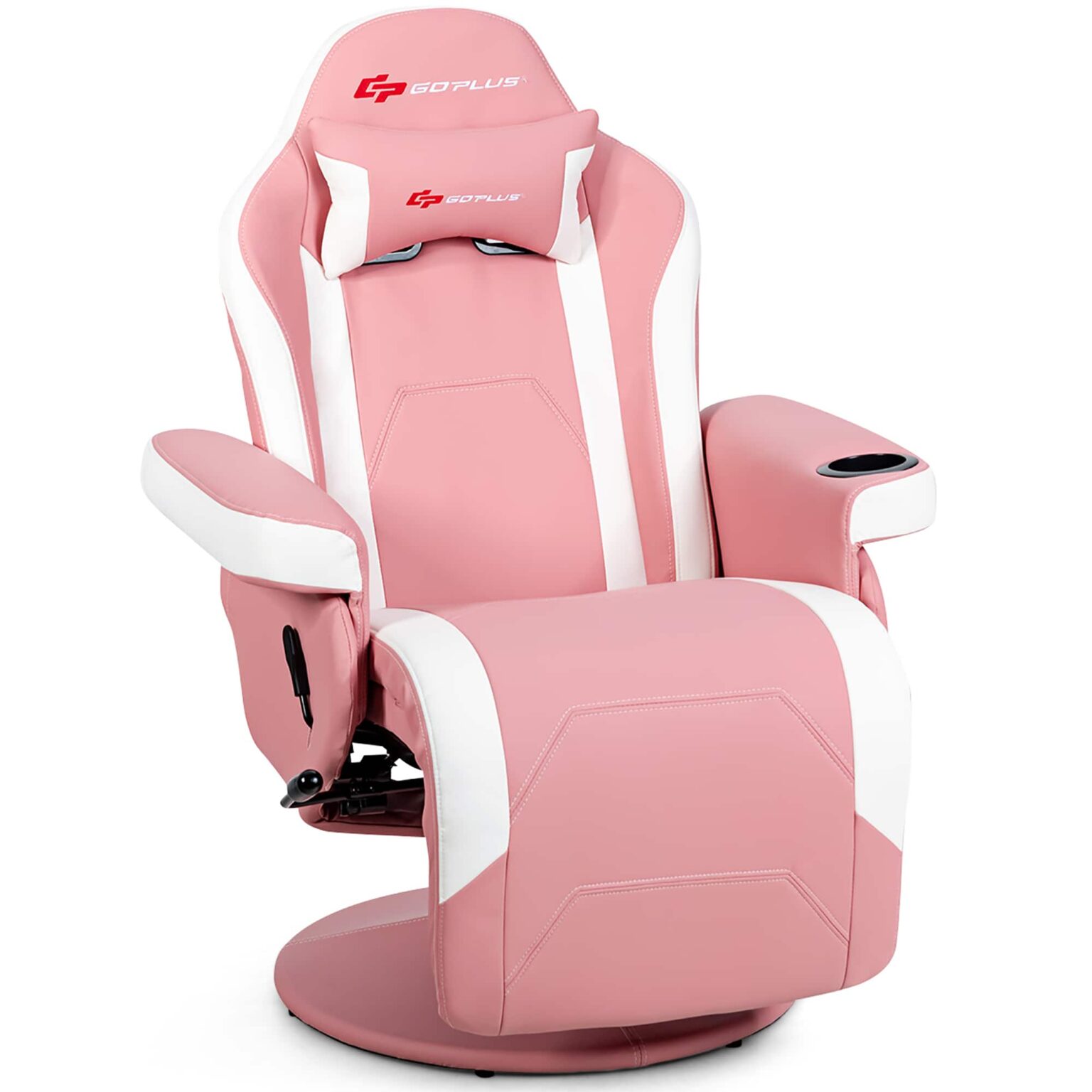 Costway - Massage Gaming Recliner Reclining Racing Chair Swivel w/Cup Holder & Pillow Pink - Pink + Black