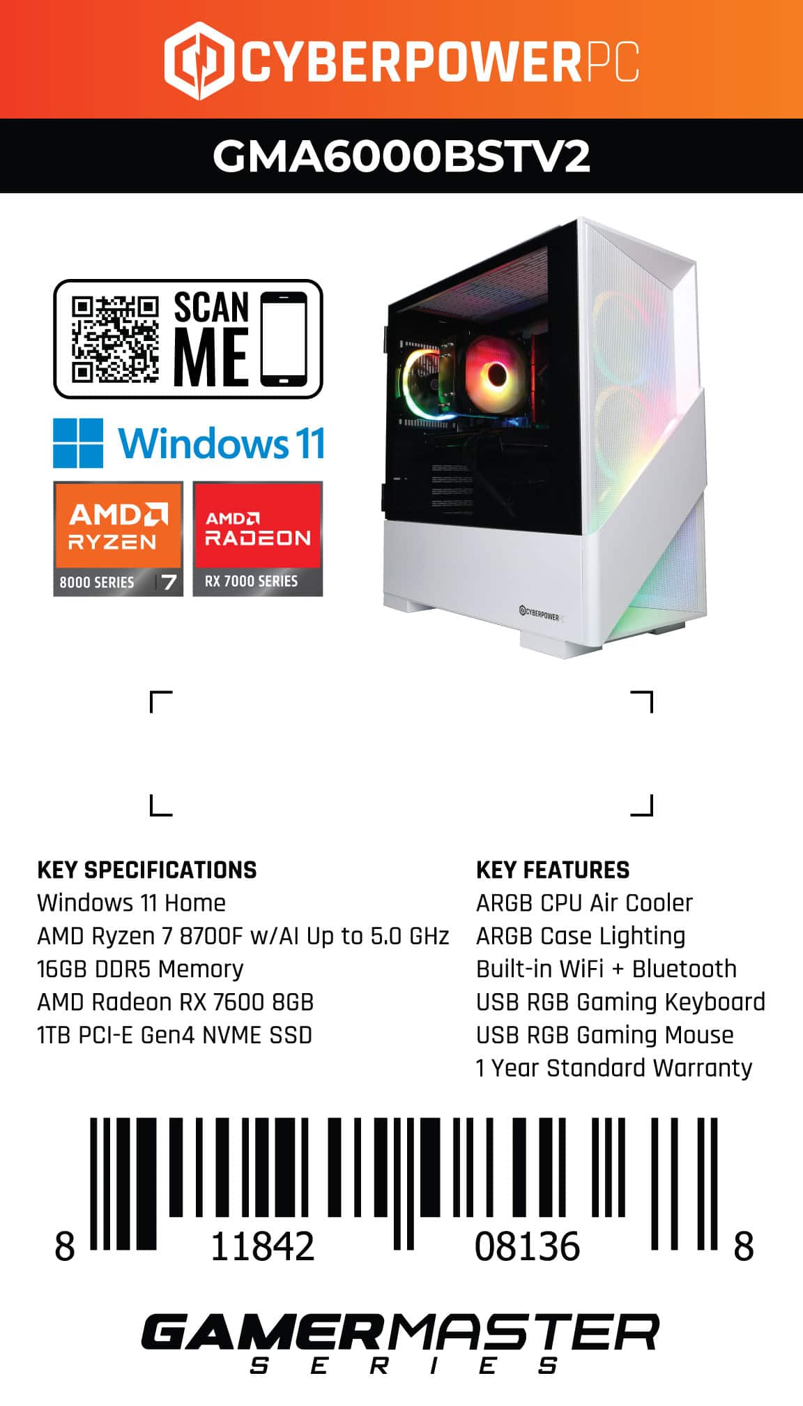 CyberPowerPC - Gamer Master Gaming Desktop - AMD Ryzen 7 8700F - 16GB Memory - AMD Radeon RX 7600 8GB - 1TB SSD - White