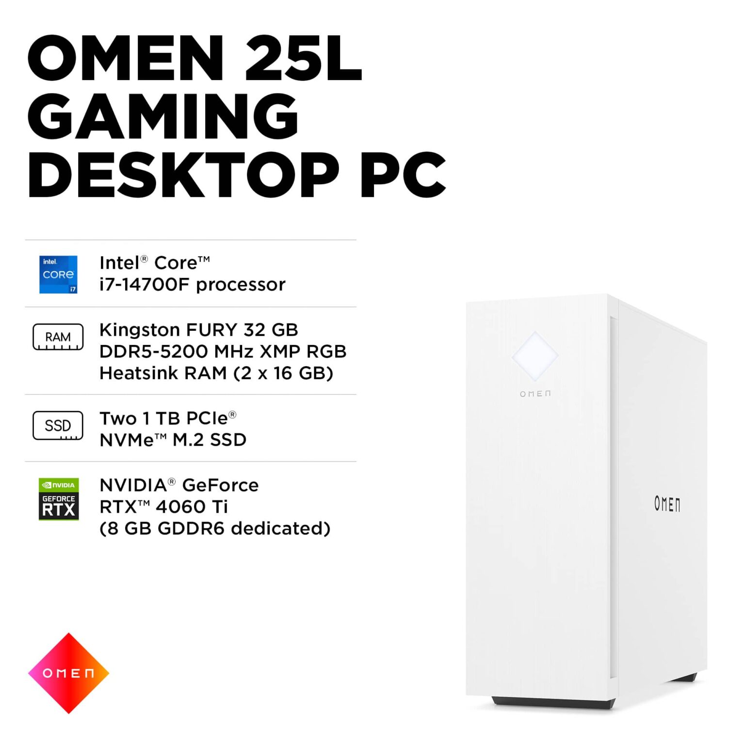 HP OMEN - 25L Gaming Desktop - Intel Core i7-14700F - 32GB DDR5 Memory - NVIDIA GeForce RTX 4060 Ti - 2TB SSD - Snow White