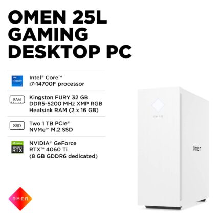 HP OMEN - 25L Gaming Desktop - Intel Core i7-14700F - 32GB DDR5 Memory - NVIDIA GeForce RTX 4060 Ti - 2TB SSD - Snow White