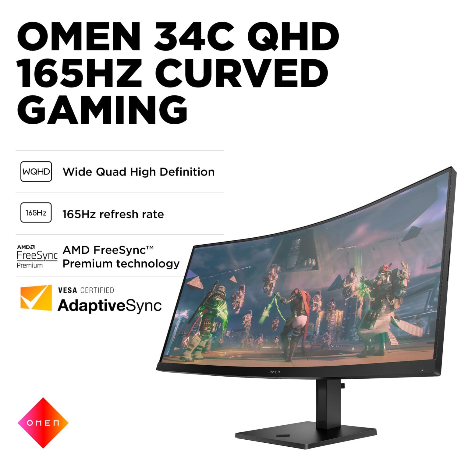 HP OMEN - 34" VA LED Curved QHD 165Hz FreeSync Gaming Monitor with HDR (DisplayPort, HDMI, Audio Jack) - Black