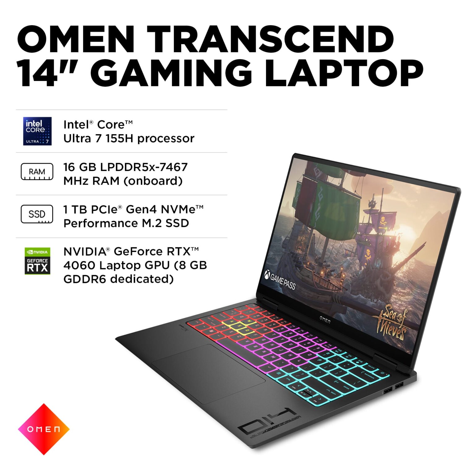 HP OMEN - Transcend 14" 120Hz 3K OLED Gaming Laptop - Intel Core Ultra 7-155H - 16GB Memory - NVIDIA GeForce RTX 4060 - 1TB SSD - Shadow Black