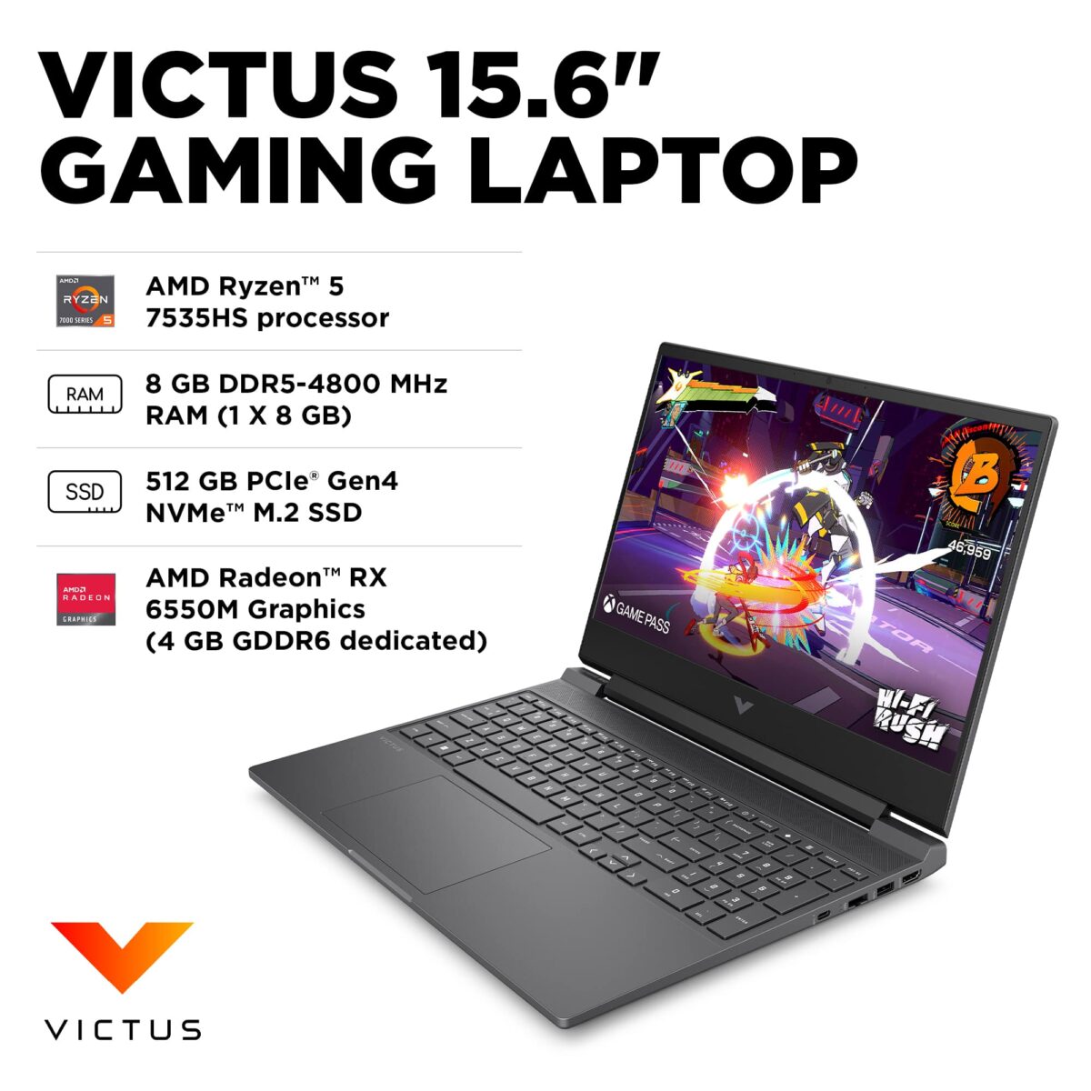 HP - Victus 15.6" Full HD Gaming Laptop - AMD Ryzen 5-7535HS - 8GB DDR5 Memory - AMD Radeon RX 6550M - 512GB SSD - Mica Silver