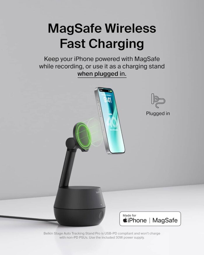 Belkin - Wireless Charger Stand, Auto Face Tracking, Apple DockKit Certified, Tripod & MagSafe Compatible, 360° Rotation.