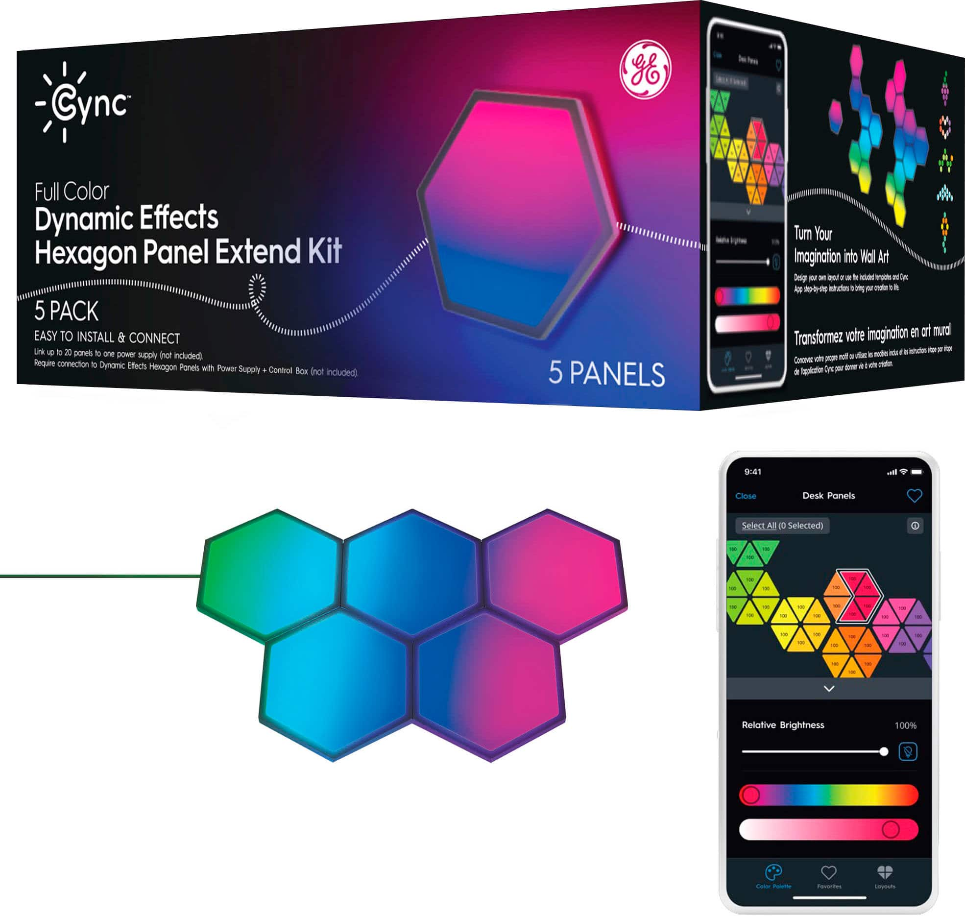 Cync - Dynamic Effects Smart Hexagon Panel Light Extension Pack (5 Pack) - Color Changing - Full Color