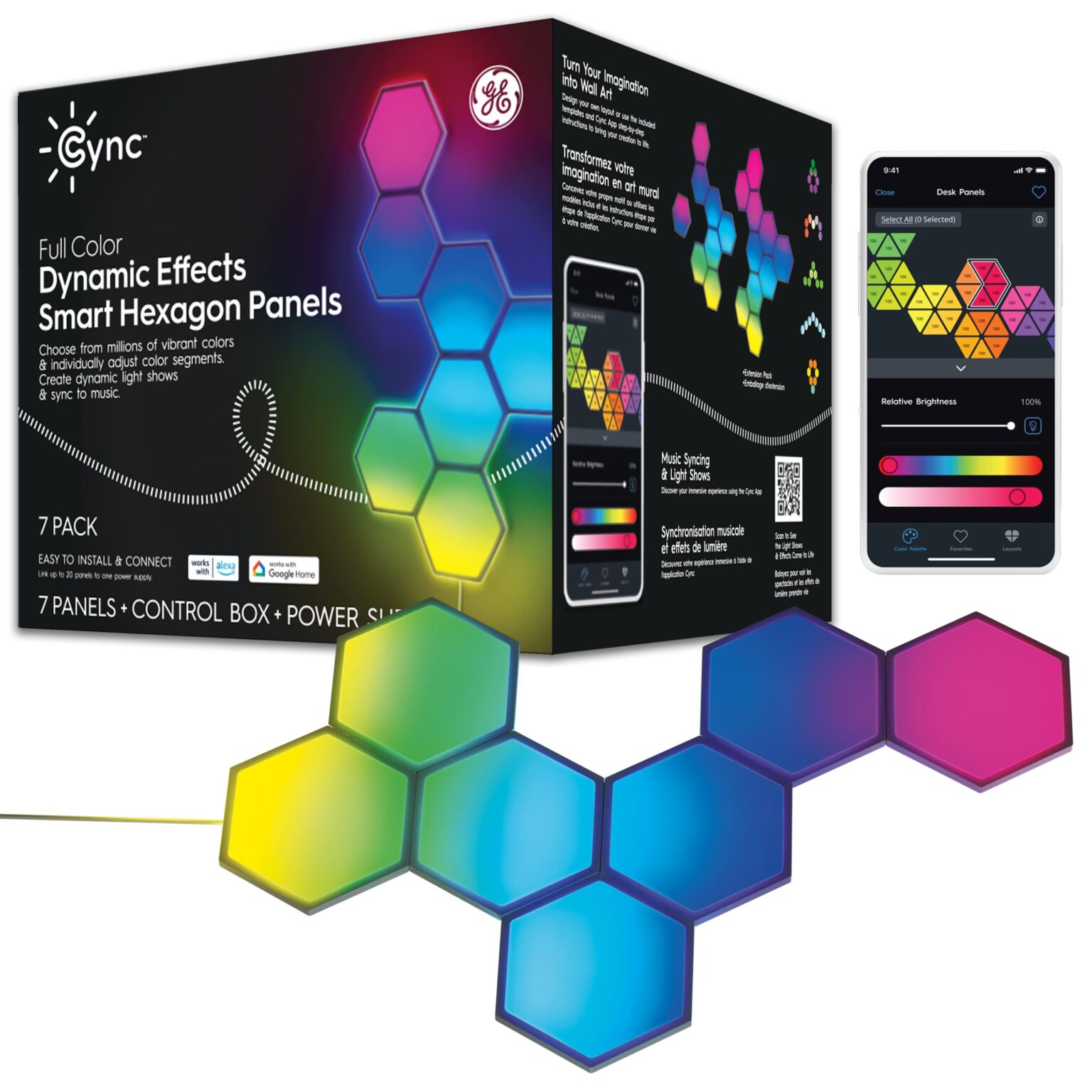 GE - Cync Dynamic Effects Smart LED Hexagon Panel Lights (7 Pack) - Color Changing - Full Color